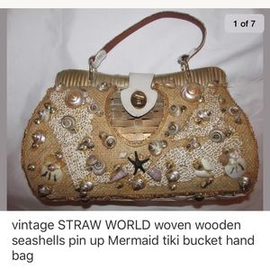 Vintage 60's wooden woven shells mermaid hand bag